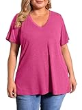 BELAROI Plus Size Womens Tops Summer T Shirts Casual Short Sleeve V Neck Loose Fit Blouses Tunics(1X, D-Rose Red)