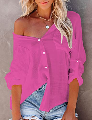 Image of Bsubseach Women Button Down Beach Shirt Long Sleeve Swimsuit Cover Up | Bathing Suit CoverUps Basic Lightweight Staple, Roll-Up Adjustable Sleeves, Drop ShoulderCasual Oversized Blouses