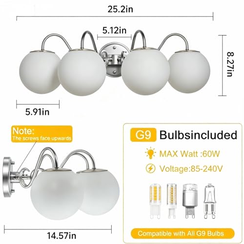 Image of Vintage Brushed Nickel Bathroom Vanity Light Fixtures Over Mirror 4 Lights