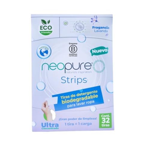 BOTICA DE JABÓN | NEOPURE Strips Detergente Eco Hipoalergénico Biodegradable en Tiras Láminas Hojas de Aroma Lavanda | 1 sobre con 32 tiras | 1 carga por...