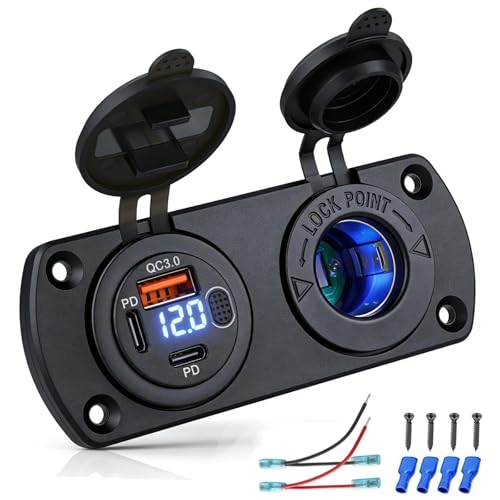 Intckwan 12V Steckdose 2-in-1 Panel für Wohnmobil Camper Boot 2X PD 3.0(30 W+36 W) & 1x QC 3.0 18 W mit blauem LED-Voltmeter und Schalter IP65 wasserdicht 150 W Zigarettenanzünder-Buchse