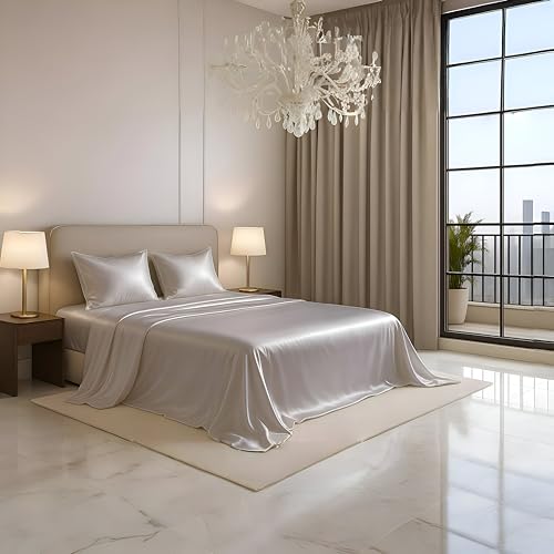 Image of Luxe Ere Satin Bedsheet King Size (90x108) | 300 TC Ultra Smooth Silky Soft Luxury Satin Bed Sheet with 2 Pillow Covers | Premium Satin Bedsheets for Double Bed - Moonstone Grey