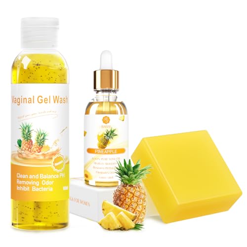 BASSI Feminine Wash & Yoni Oil & Yoni Soap Set for Women, Yoni Wash for Vaginal Ph Balance Remove Odor Moisturizing, Pineapple 5.07 Body Wash 1Fl.Oz Organic Essential Oil 3.53oz Yoni Bar