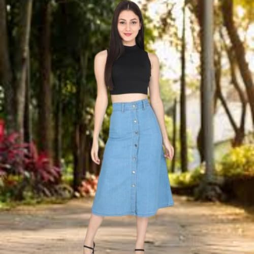 Image of Straight Stylish Comfortable Long Two Button Up Slit Dobby Denim Skirt for Women & Girls