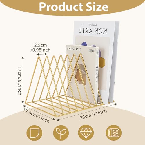 HAOTIAN-X 4 Stück Dreiecksordner, 9-fach-Magazinhalter in Gold, Metall Vinyl Schallplattenständer, Desktop File Organizer Zeitschriftenregal, Bücherregal Organizer für Büro Haus (Goldenes Dreieck)