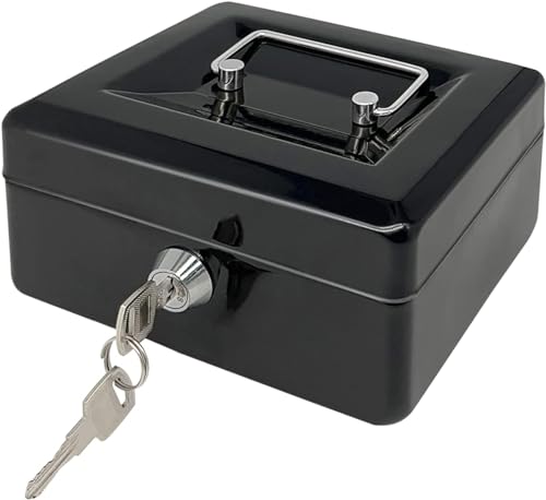 Image of Wosta Cash Money Safe Box - Compact Solid Steel Lockable Security Storage Chest for Loose Money, Coins, Change & Valuables with 2 Keys (Medium)5.9 inch x 3.1 inch x 4.7 inch Black