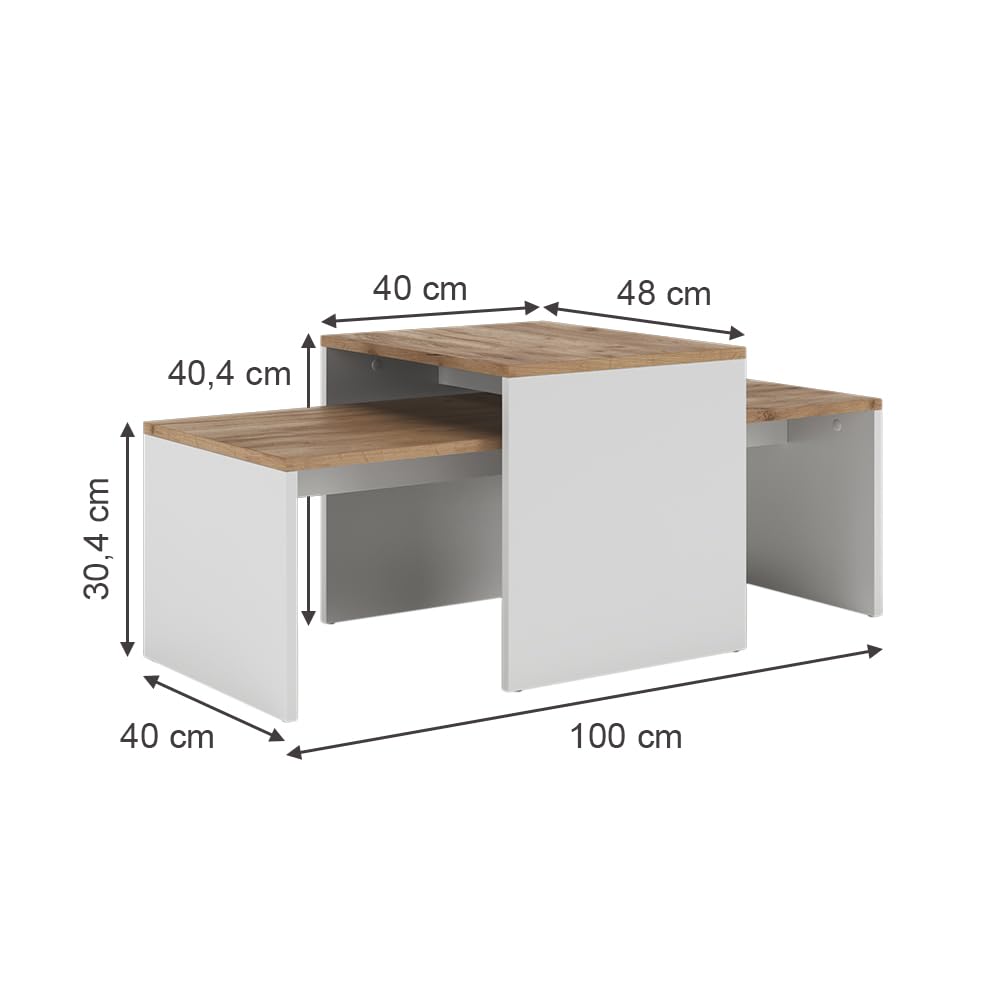 Vicco Set di tavolini da salotto Donat, Rovere bianco/dorato, 100 x 48 cm, 2 parti, per un utilizzo flessibile come tavoli singoli o combinati