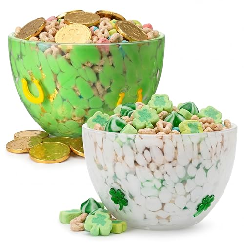 FoldTier 2 Pcs St. Patrick's Day Candy Bowls Dish, 14oz Shamrock Glass Double Old Fashioned Serving Bowls with Green Clover Design for Snacks Dessert Cookie Lucky Irish Party Table Decoration