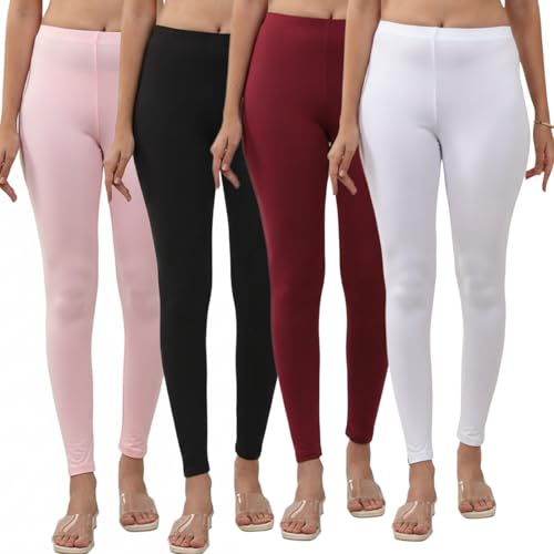 Image of Volex Women and Girls Full Length Leggings | Cotton Spandex /Elastane 4 Way Stretchable | Casual Slim fit Ultra Soft Leggings-Pack of 4