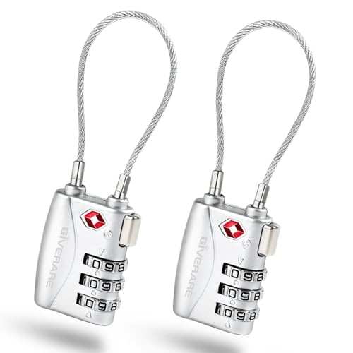 2 Pack TSA Approved Travel Luggage Locks, Long Cable Combination Lock Alloy, Metal Keyless 3-Digit Padlocks, Weatherproof TSA Accepted Padlock for Toolbox Gym Locker Golf Bag Case Backpack-Silver