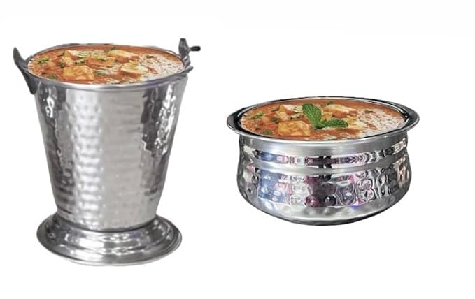 TANISHI KITCHEN'S™ Stainless Steel Mini Serving Handi (750ml) & Bucket (500ml) Set | Hammered Design Bowls for Dal, Curry, Sabzi, Raita & Biryani | Tableware for Home Kitchen & Hotel Use | Set of 2