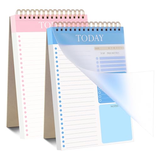 2 Pack To Do List Notebook, Undated Daily Planner A5 Spiral 52 Sheets/104 Page To Do List Pad with Protective Cover for Work Study and Personal Oraganizer（Pink+Blue）