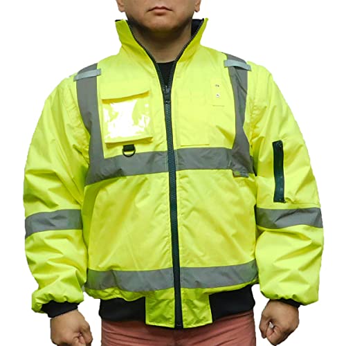 SAJ5000, ANSI/ISEA Class 3, Safety 3-in-1 Bomber Jacket, Reversible, Detachable, Resistant, Pockets, Neon Green