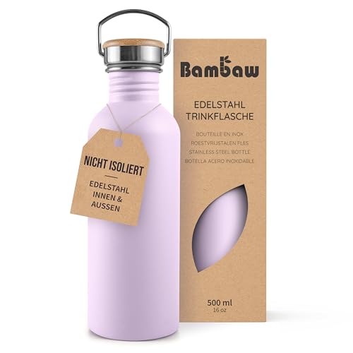 Bambaw Trinkflasche 500ml Edelstahl, Nicht-isolierte Trinkflasche Lila, Trinkflasche Ohne BPA, Metallflasche Kinder – Fliederlila