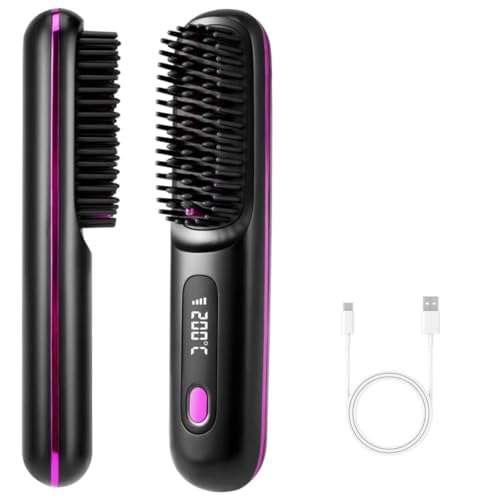 ZiaWorld Cordless Hair Straightener Brush, Lightweight Mini Portable Straightening Comb for Travel/Home/Outdoor, Hot Comb with 100M+ Negative Ions, USB Rechargeable Hair Straightener