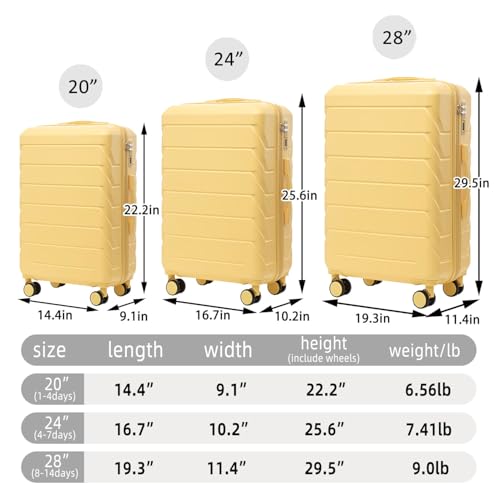 20"/24"/28" 3-Piece ABS Spinner Luggage Set (Yellow) - Retractable Handle, Quiet Wheels, Durable & Space-Saving, Ideal for Travel & Daily Commute, Multi-Size Storage for All Needs4