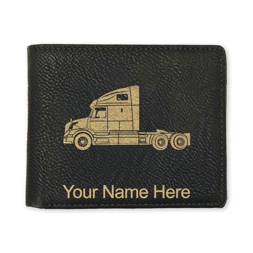 LaserGram Faux Leather Bi-Fold Wallet, Truck Cab, Personalized Engraving Included (Black with Gold)