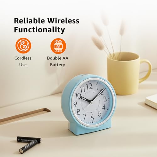 Image of Amazon Basics Analog Table Clock with Alarm and Snooze, Silent Operation, Manual Brightness, ABS, Light Blue, Battery Operated Design for Home, Desk or Office Use (Size: 11.5 x 12.4 x 5.4 cm)