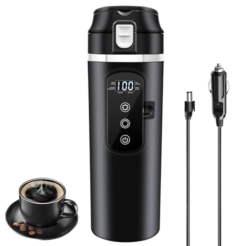 DC 12V/24V Auto Reise Elektrischer Wasserkocher, 400ml Auto Heizbecher mit Anti-Spill Deckel, Auslaufsicher, 304 Edelstahl Liner Tragbare Kaffee Tee Tasse Bis zu 100℃ Variable Temperaturregelung