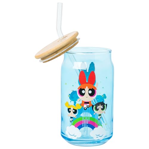 Image of Silver Buffalo Powerpuff Girls Trio Flying Rainbows and Clouds Blue 2pk 16oz Glass Tumbler w Bamboo Lid and Glass Straw Set