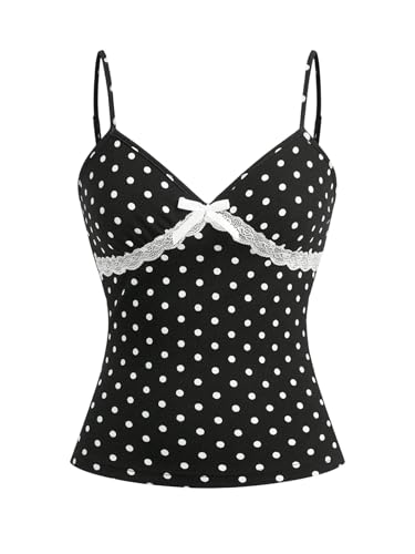 Verdusa Women's Polka Dots Bow Lace Cami Top Sleeveless V Neck Fitted Camisole Y2k Going Out Tops