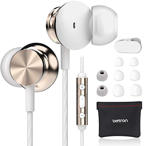 Betron BS10 Noise Isolating Earphones, In Ear Headphones with Microphone and Volume Control, Powerful Bass Sound includes 3 Different Sized Pairs of Ergonomic Earbuds and Carry Bag, Gold