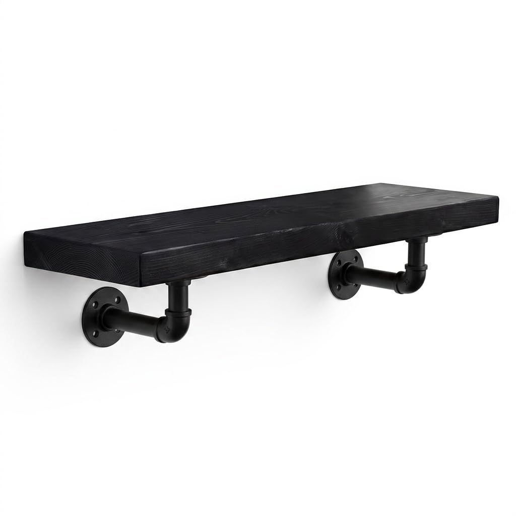 MKGT Handcrafted Rustic Wooden Floating Shelf with Industrial Pipe Brackets – 22cm Deep Solid Pine Wall Shelf, 45mm Thick, Made in the UK, Includes Fixings (Black, 120cm)