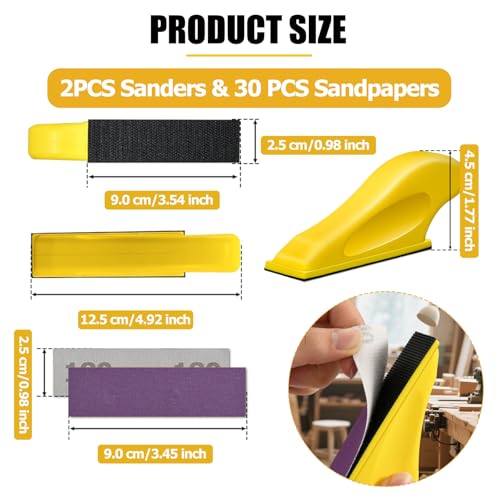 Gnellkoor Finger Sander for Crafts, 2 Pack Mini Micro Gator Sander for Crafts with 60 Sheets 3.5 x 1 Inch Sandpaper 80 120 180 240 400 600 Grit Sanding for DIY Wood Finishing Tight Narrow Polishing