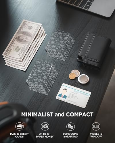 VULKIT Mens Wallet for Max.12 Cards with Pop-Up Credit Card Ejector Case, ID Window, Cash/Bills Compartment and Coin Pocket, Hook and Loop Tape Closure, Giftbox Packed, Black Nappa Leather4