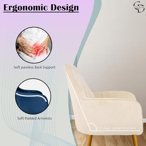 Image of Velvet Accent Chair | Luxury Upholstered Armchair with Sturdy Metal Legs | Modern Comfortable Chair for Living Room, Bedroom, Office, or Cafe (Golden Legs, White Set of 2)