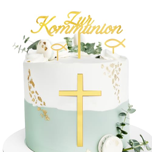UNISUNSG 4 Stücke Kuchen Topper Zur Kommunion mit Kreuz Fisch Cake Topper Acryl Kuchenstecker Kuchendeko Tortendeko für Kommunion Party