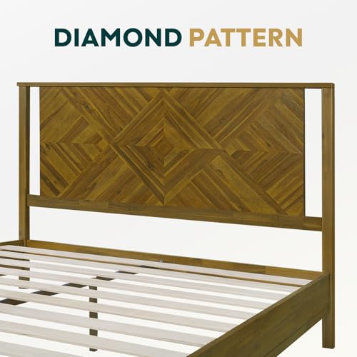 Image of Bme Ethan Solid Wood King Bed Frame with Diamond Headboard - Rustic & Mid-century Modern - Acacia Wood Platform Bed - Compatible with All Mattresses - No Box Spring Needed - Rustic Brown