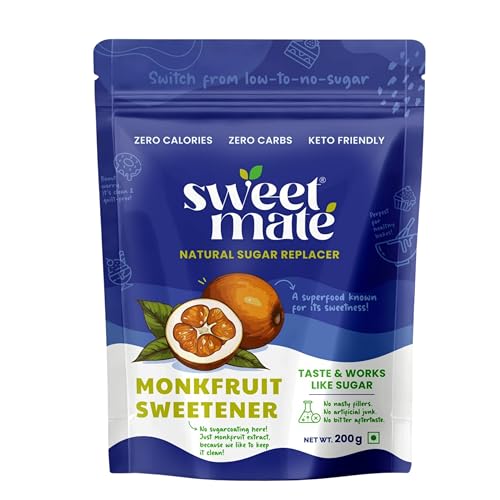 Image of Sweetmate Monk Fruit Natural Sweetener - 200g | 1:1 Sugar Substitute | Zero Calorie, Keto & Diabetic Friendly | Plant-Based Sugar Alternative for Cooking, Baking & Beverages