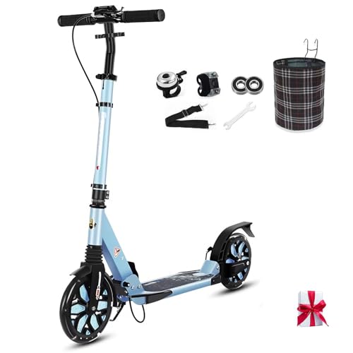 Big Wheel Scooter mit Ständer- Aluminium-Roller mit LED aufleuchten Räder & Tragegurt- Höhenverstellbarer & Klappbarer Cityroller-bis zu 150kg- Tretroller für kinder ab 8 jahre & Erwachsene ,Blau