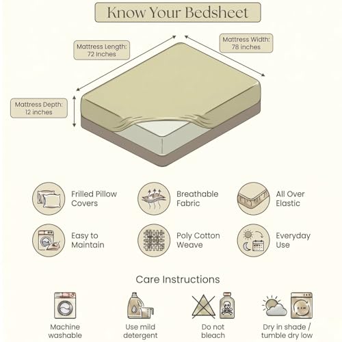 Image of Dream Weaverz- Polycotton Printed Double Bed Size Fitted Elastic Bedsheet,2 Pillow Cover,260 Thread (72 inch x 78 inchx7 inch) Home, Bedroom (Brown-Yellow, King)