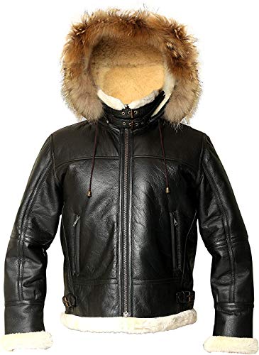 Men B3 Bomber Real Shearling Aviator Black Sheepskin Leather Pilot Flight Jacket Removable Hood