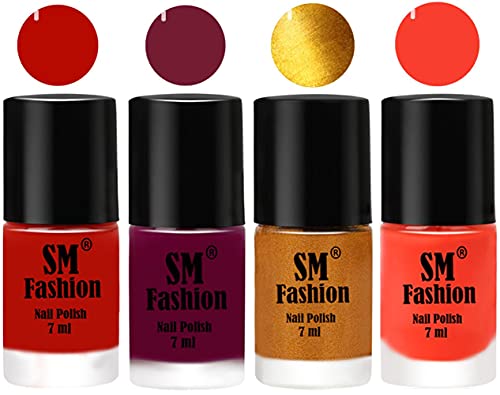 Image of Nail Polish Combo Set (Pack of 4) Quick Dry Gel Finish Nail Paint | Red Orange,Mulberry,Golden,Light Orange | 7 ml Each