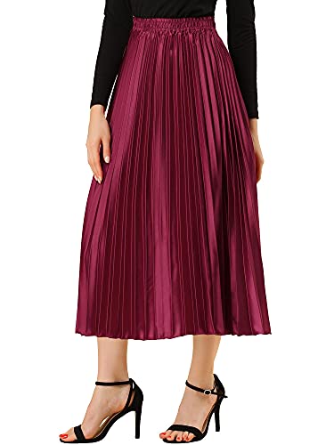 Allegra K Women s Zip Closure Party Accordion Midi Metallic Pleated Skirt Large Burgundy