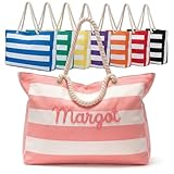 MBBEST Personalized Beach Bag with Zipper, Waterproof Striped Canvas Tote, Custom Name Pool Bag for Women, Large Summer Vacation Tote for Beach Travel Girls Trip Gift