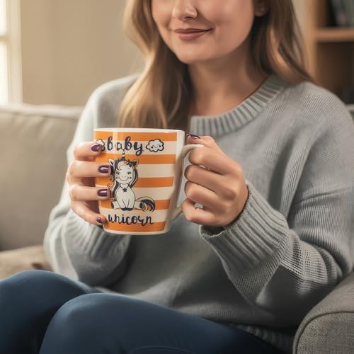 Image of U.P.C.Milk Mug Set of 2 | Ceramic & Bone China Coffee Milk Cups | Designer Printed Tea Coffee Mug Set | Large Capacity Milk Mugs | Microwave Safe Cup Set | Drinkware Gift Set (Unicorn baby -Orange)