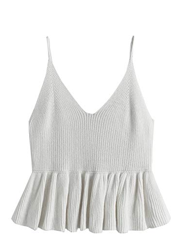 Sweatyrocks Women's Casual Knit Top Sleeveless Ruffle Hem V Neck Peplum Crop Tank Top Ribbed Knit White S #TOP17