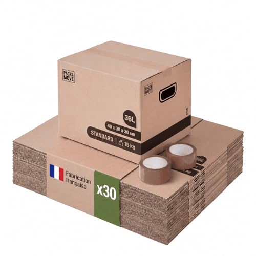 Pack and Move - Lot de 30 cartons déménagement livres avec poignées + 1 adhésif GRATUIT