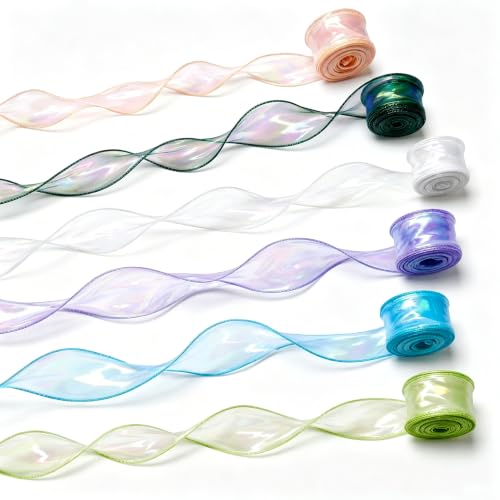 6 Pcs Iridescent Ribbon for Gift Wrapping 60 Yards Organza Tulle Ribbons Flowers Decoration 1.57Inch for Crafts Wedding Christmas Invitations Bouquet Crafts Decor by LUMIRYN - Used condition - US$8.09