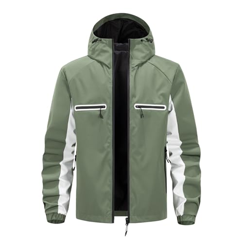Gefomuofe Chaqueta reflectante para hombre, informal, chaqueta con capucha con cremallera, chaqueta ligera impermeable transpirable Softshell para exteriores, chaqueta deportiva, verde, S