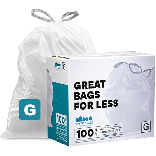 Plasticplace Custom Fit Trash Bags Compatible with simplehuman Code G (100 Count) White Drawstring Garbage Liners 8 Gallon / 30 Liters 17.5 x 28