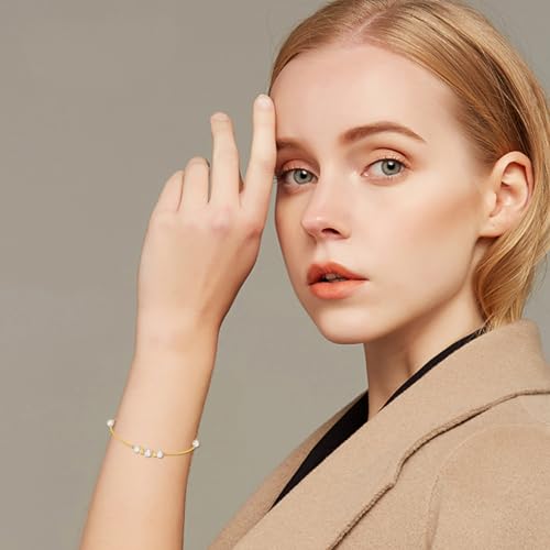 14K Solid Gold Pearl Bracelet for Women,8 Freshwater Cultured Pearl with Gold Bead Bracelets Anklets Anniversary Christmas Birthday Mother’s Day Jewelry Gifts for Mom Wife Her 6.5''+1''+1''4
