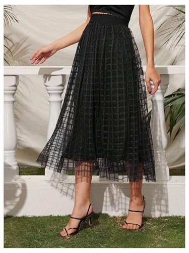 OYOANGLE Women's Plaid Contrast Mesh Flared Skirt Elastic High Waist Flowy Elegant Midi Skirts4