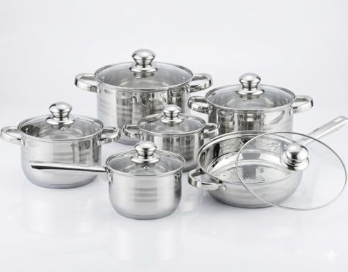 Home24 Batería de Cocina 12 Piezas, Juego de ollas en Acero Inoxidable con Tapas Apta para Todo Tipo de Cocinas Incluyendo Inducción