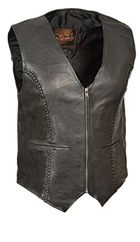 Milwaukee Leather SH1246Z Ladies 'Braided' Black Leather Classic Zipper Front Vest - Medium
