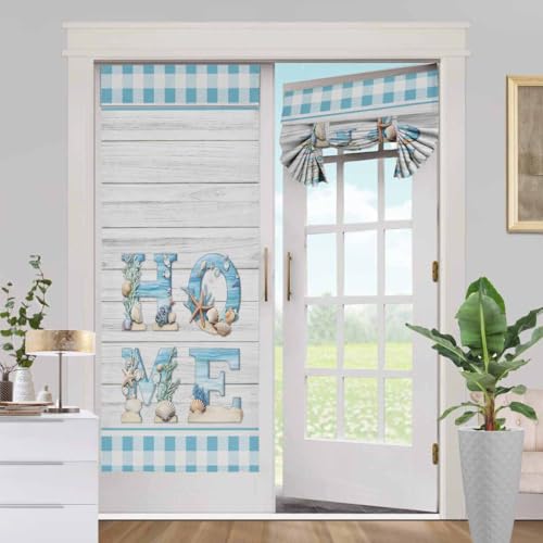 BEMIGO French Door Curtains for Windows, Ocean Theme Front Door Window Curtains for Glass,Buffalo Plaid Privacy Tie Up Blinds Thermal Insulated Shades26 x 70 inch